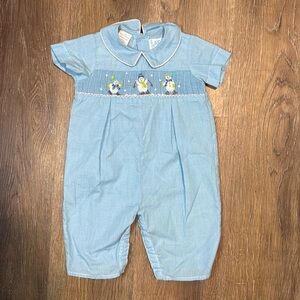 Vive La Fete Blue Gingham Romper with Snowman Smocking